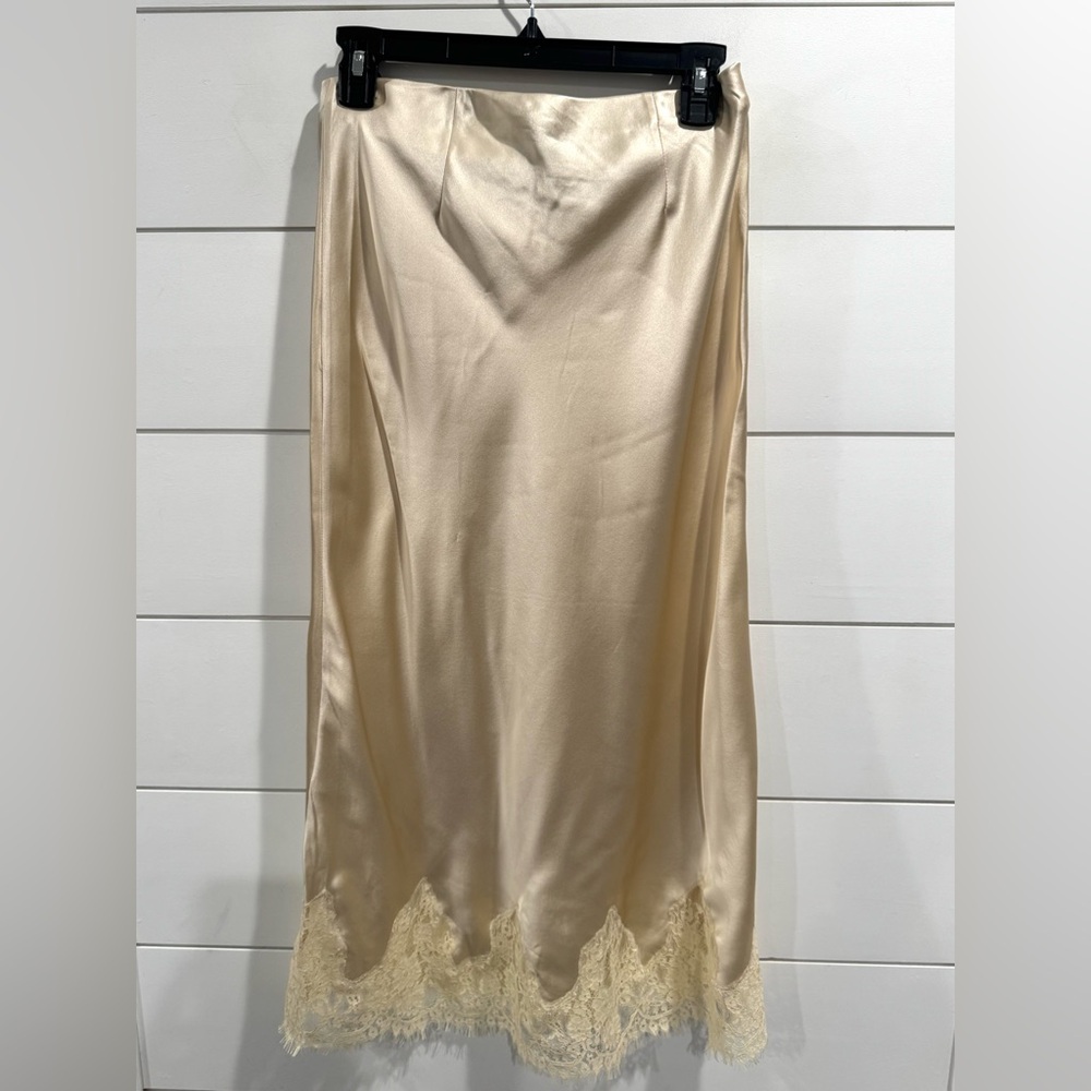Reformation Cream Satin Midi Slip Skirt with Lace Hem - Picture 9 of 10